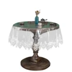 Skaidria apvali PVC staltiesė su baltu nėriniuotu kraštu (150 cm)