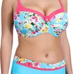 Moteriškas bikini su lankeliais ir push-up efektu, aukšto liemens kelnaitės (gėlėtas, mėlynas) (80B/40)