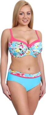 Moteriškas bikini su lankeliais ir push-up efektu, aukšto liemens kelnaitės (gėlėtas, mėlynas) (80B/40)